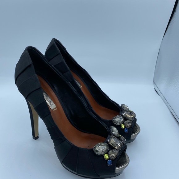 BCBG "LAURYN" BLACK SATIN PLEATED PEEP TOE PU - Picture 11 of 16